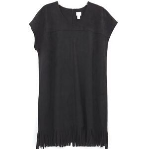 Chico's fringe hem suede shift dress Size 2 (L) black short sleeve knee-length